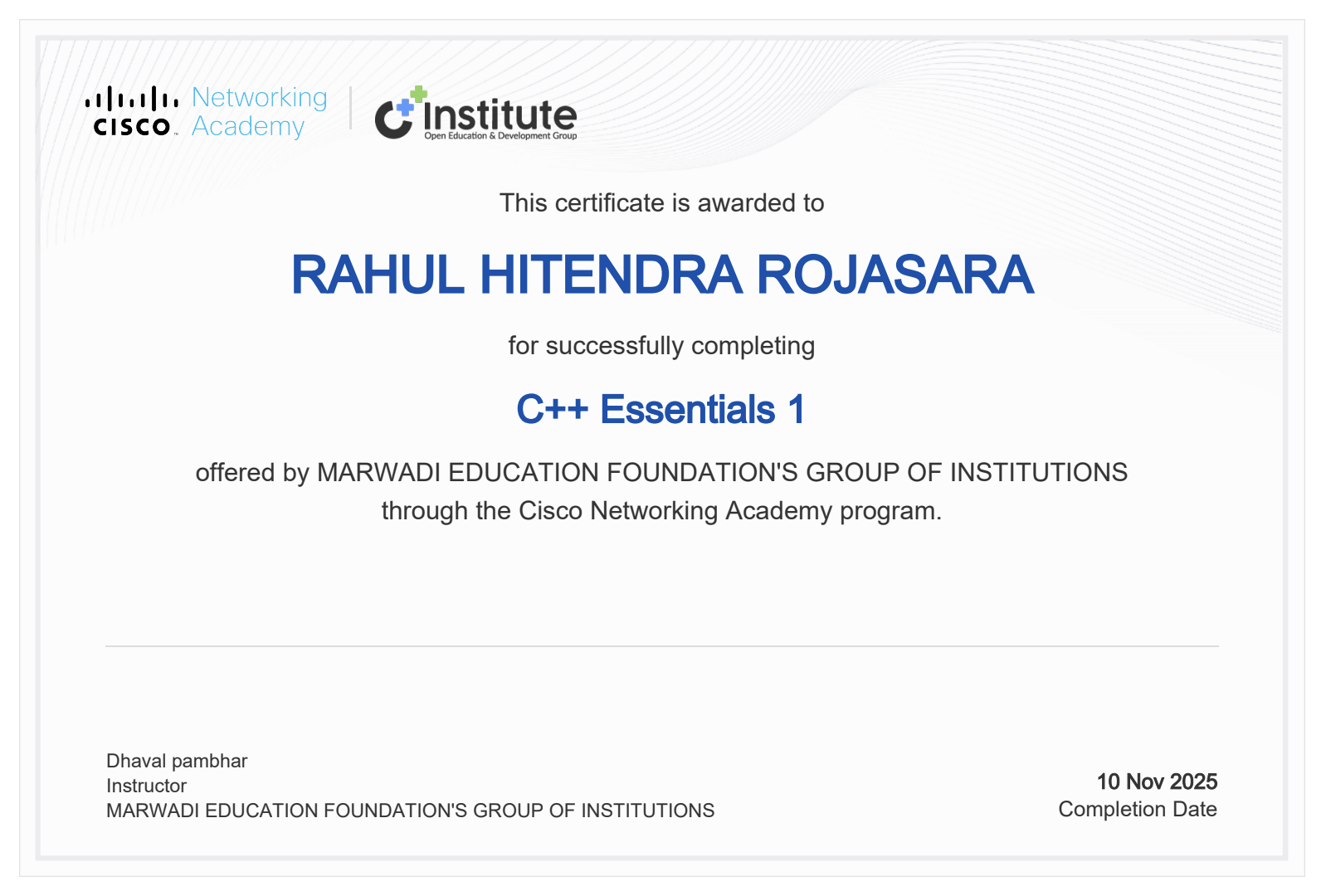 Cisco C++ Essentials Certificate