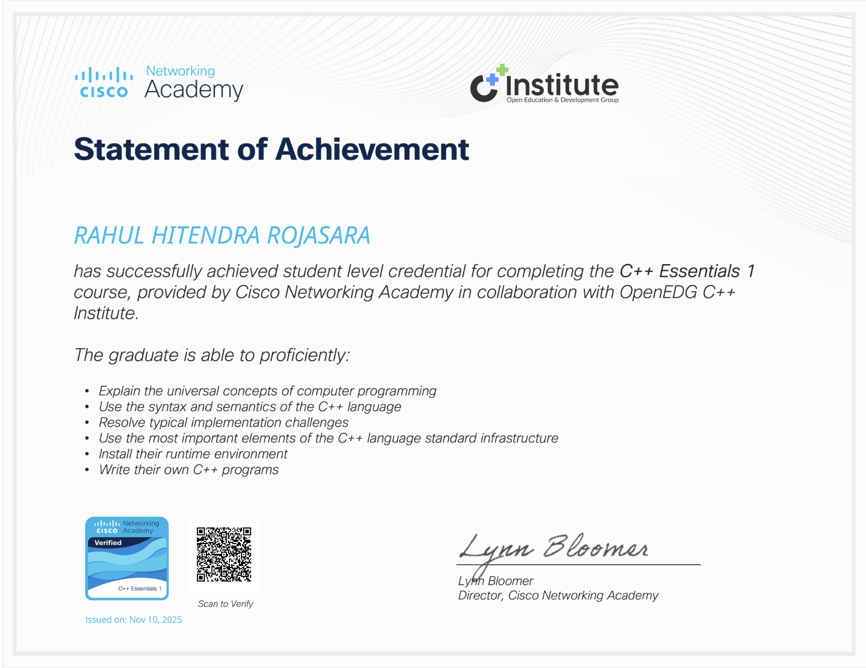Cisco C++ Essentials Certificate