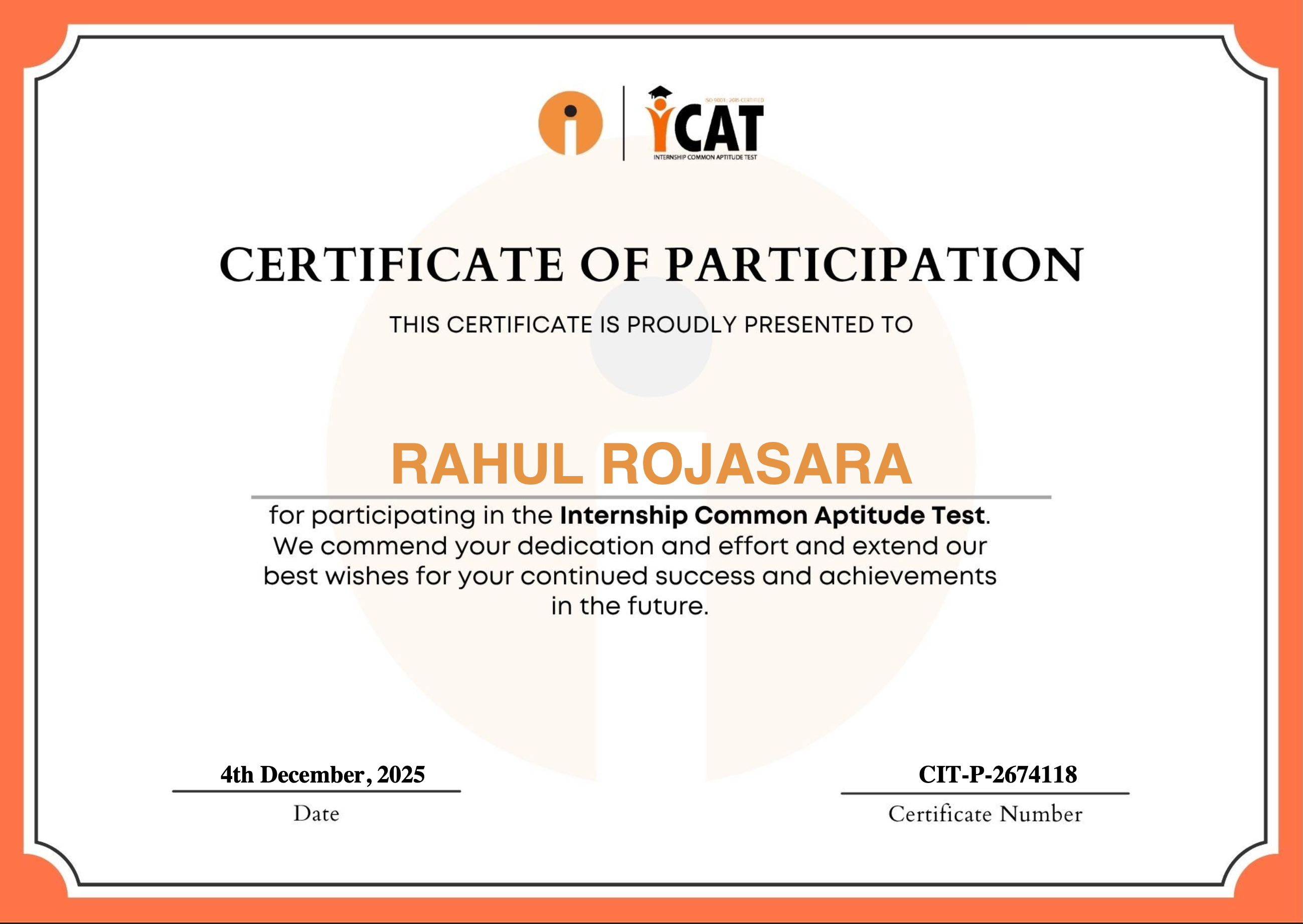 Internship Aptitude Test Certificate