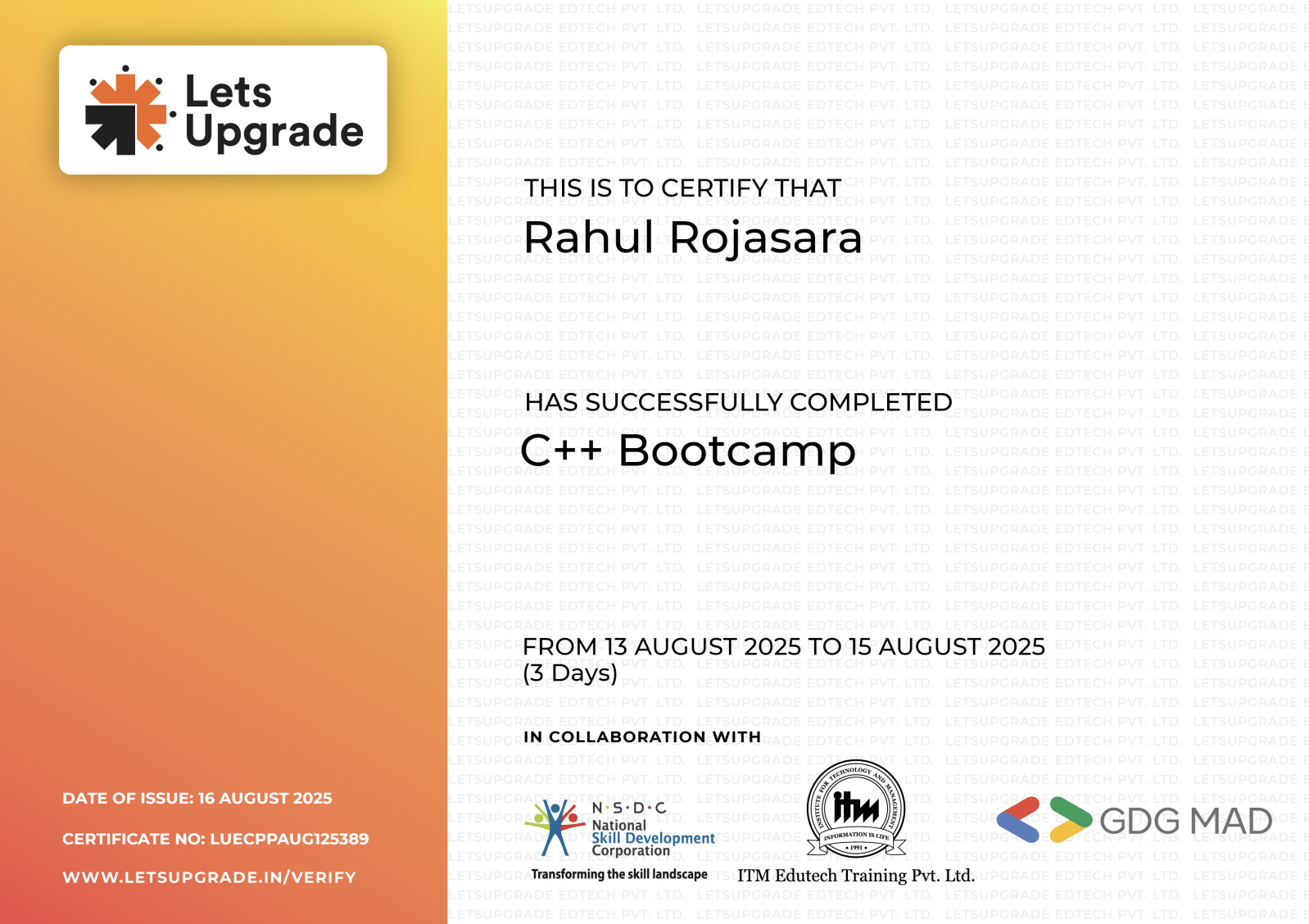 C++ Bootcamp Certificate